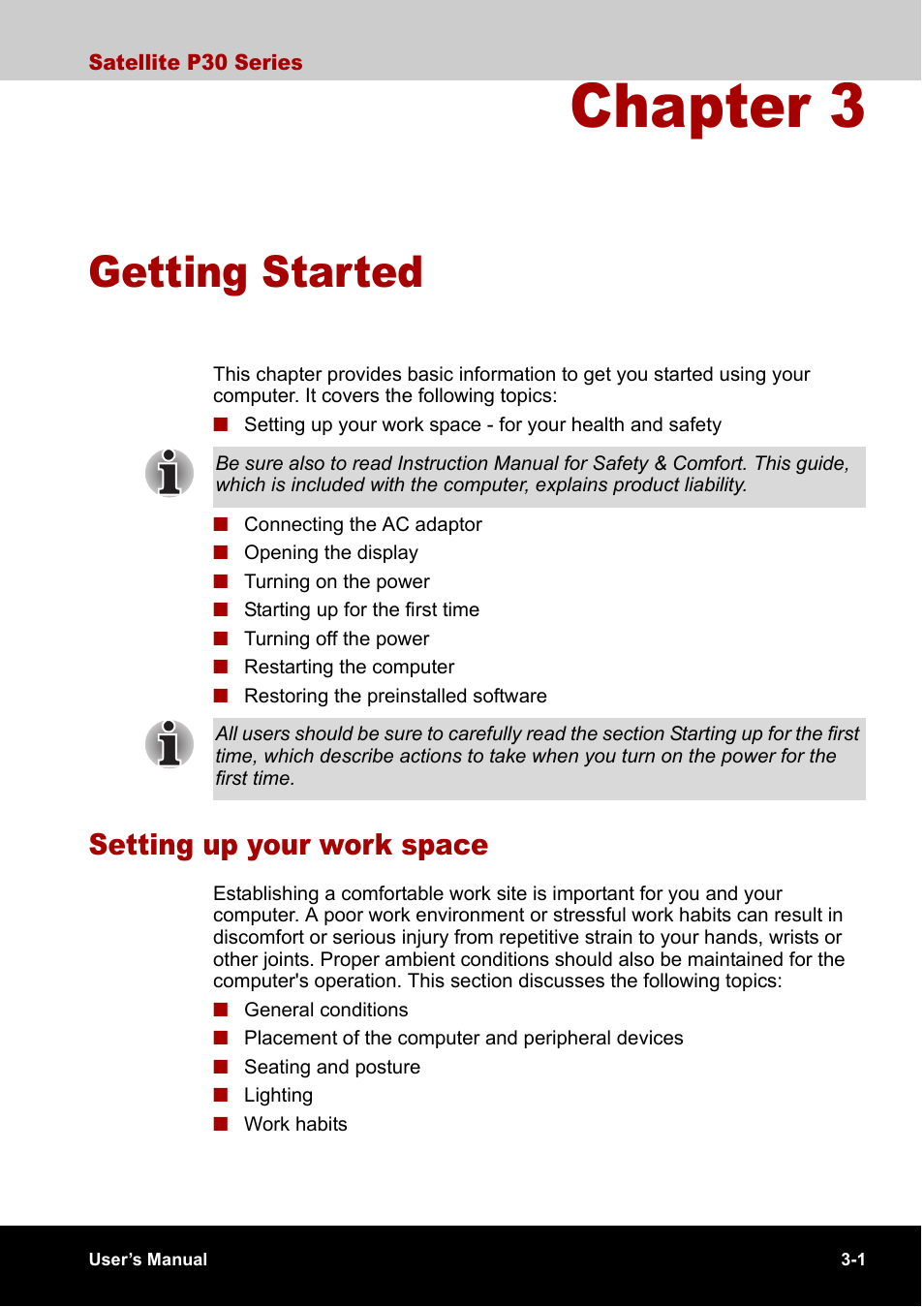 Chapter 3 getting started, Setting up your work space, Chapter 3 | Getting started, Setting up your work space -1, Chapter 3, getting started , provi | Toshiba Satellite P30 User Manual | Page 56 / 165