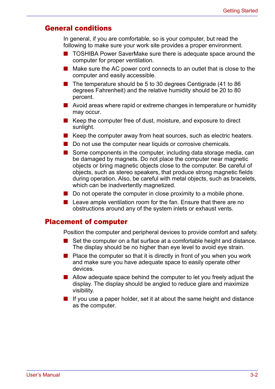 General conditions, Placement of computer, General conditions -2 placement of computer -2 | Toshiba Satellite P30 User Manual | Page 57 / 165