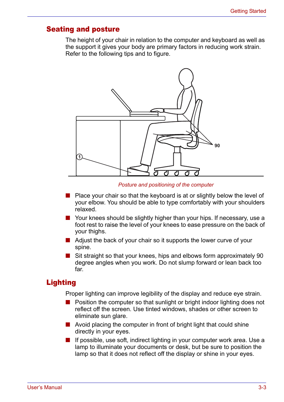 Seating and posture, Lighting, Seating and posture -3 lighting -3 | Toshiba Satellite P30 User Manual | Page 58 / 165