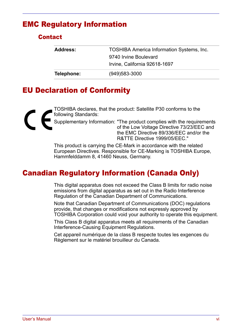 Emc regulatory information | Toshiba Satellite P30 User Manual | Page 6 / 165
