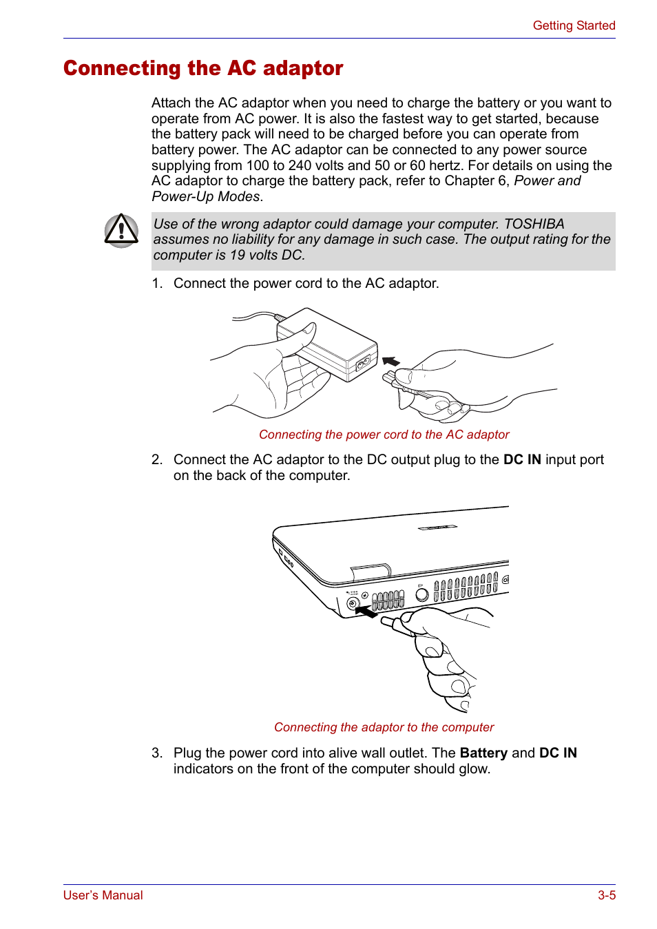 Connecting the ac adaptor, Connecting the ac adaptor -5 | Toshiba Satellite P30 User Manual | Page 60 / 165