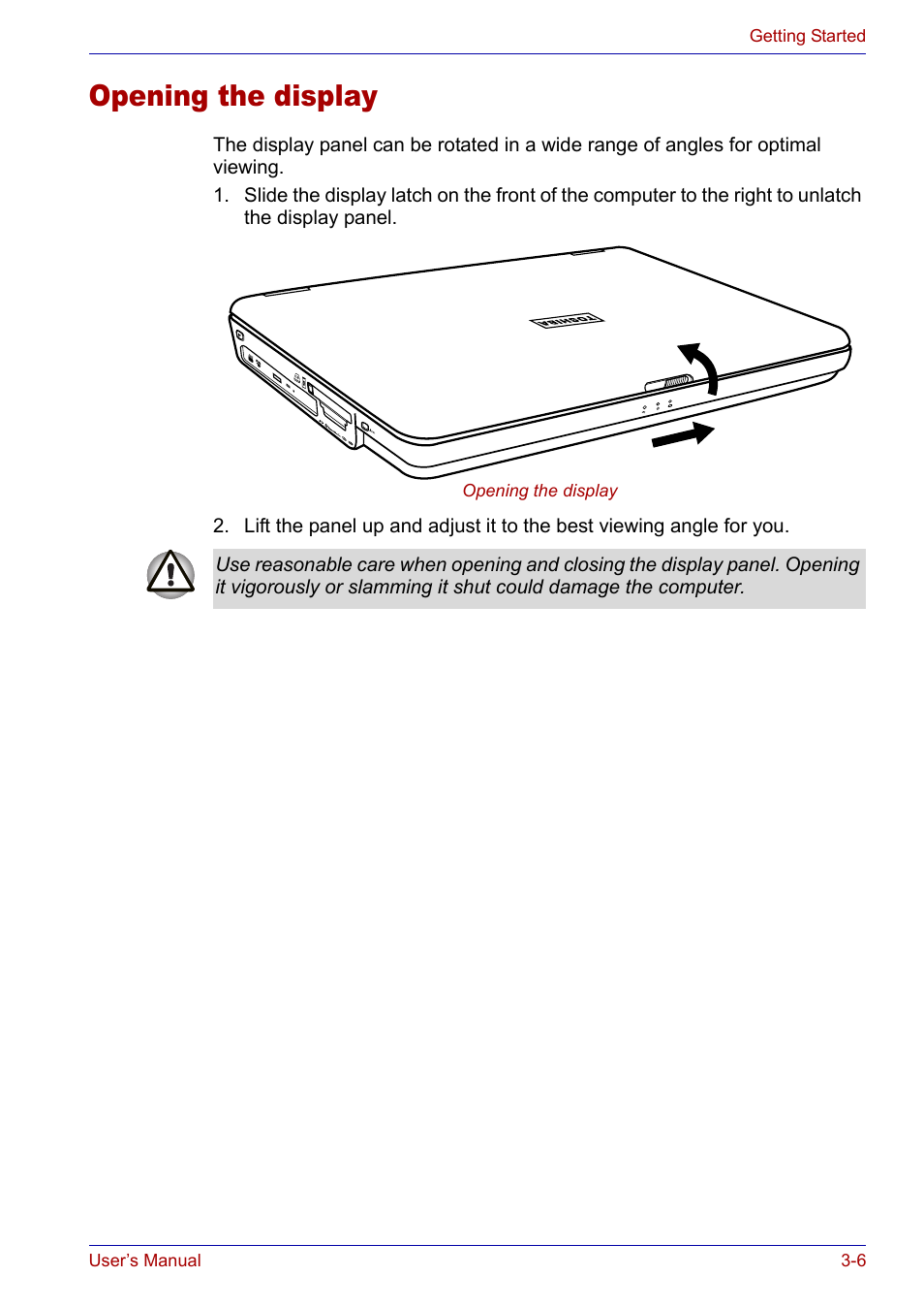 Opening the display, Opening the display -6 | Toshiba Satellite P30 User Manual | Page 61 / 165