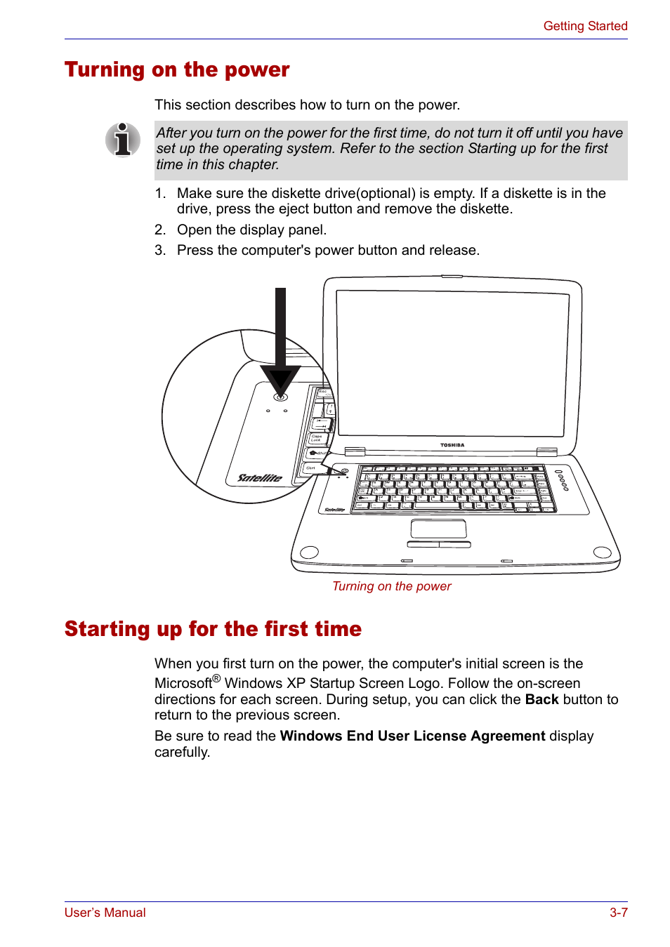 Turning on the power, Starting up for the first time | Toshiba Satellite P30 User Manual | Page 62 / 165