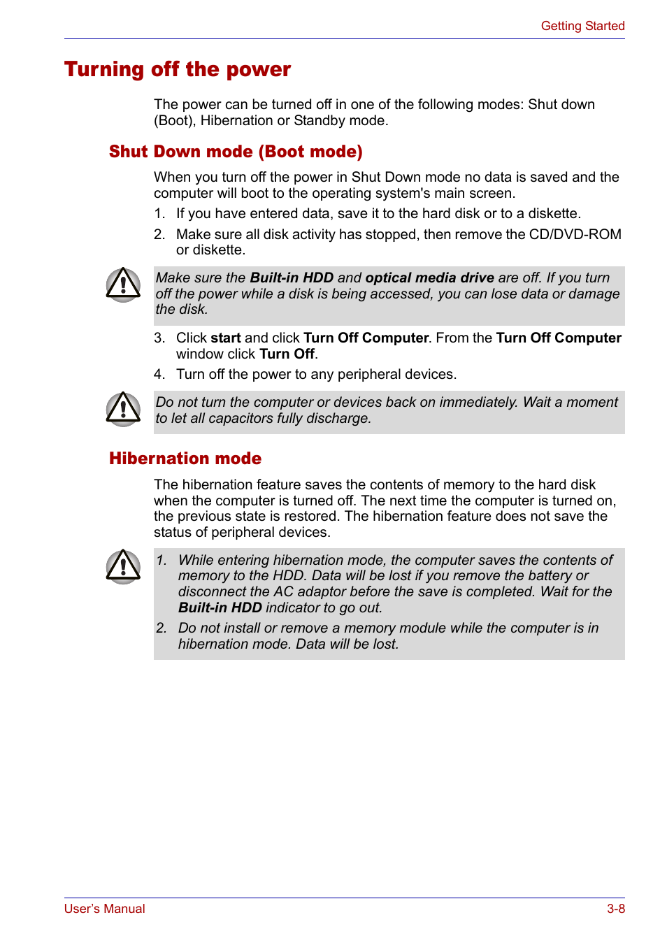 Turning off the power, Shut down mode (boot mode), Hibernation mode | Turning off the power -8, Shut down mode (boot mode) -8 hibernation mode -8 | Toshiba Satellite P30 User Manual | Page 63 / 165