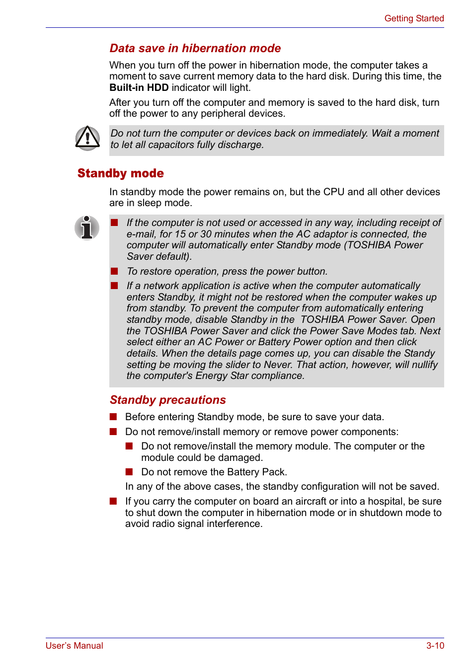 Standby mode, Standby mode -10 | Toshiba Satellite P30 User Manual | Page 65 / 165