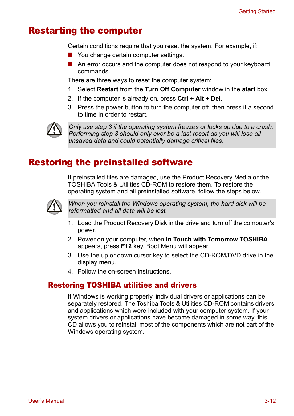 Restarting the computer, Restoring the preinstalled software, Restoring toshiba utilities and drivers | Restoring toshiba utilities and drivers -12 | Toshiba Satellite P30 User Manual | Page 67 / 165