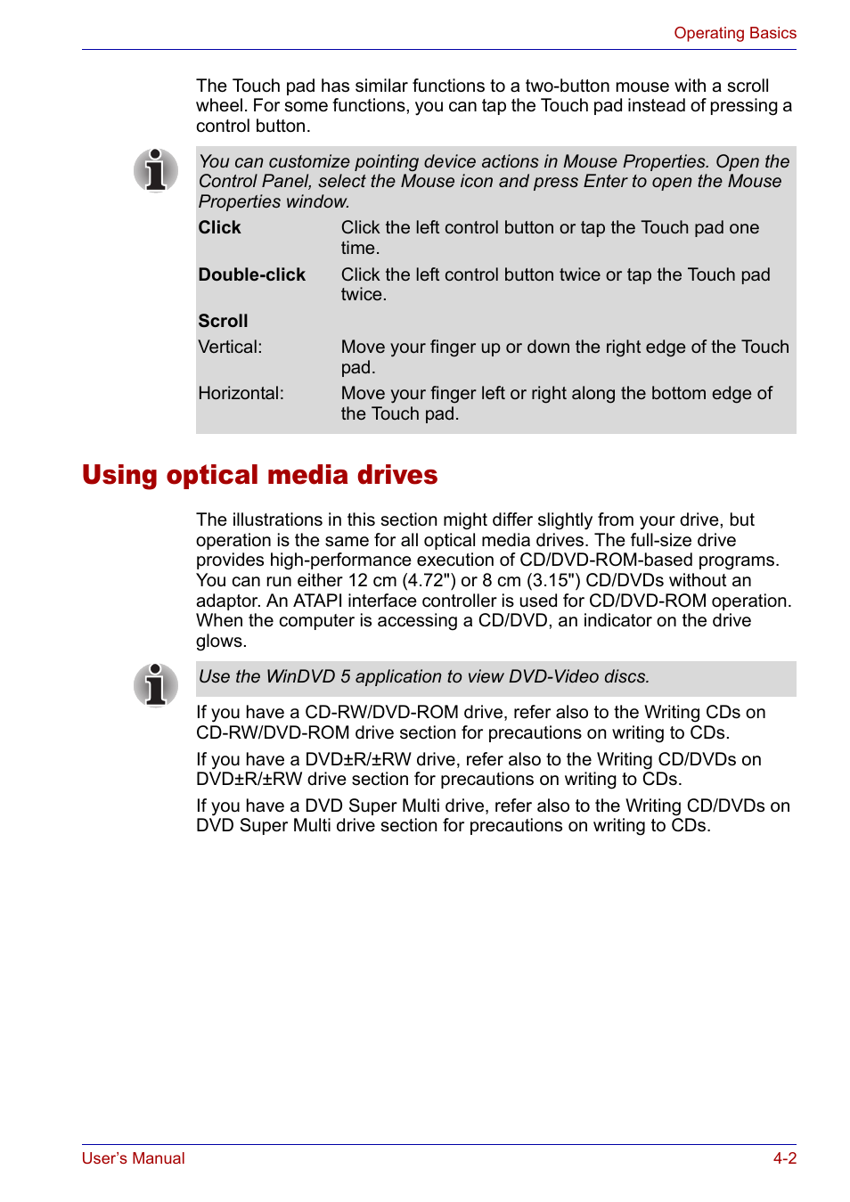 Using optical media drives, Using optical media drives -2 | Toshiba Satellite P30 User Manual | Page 69 / 165