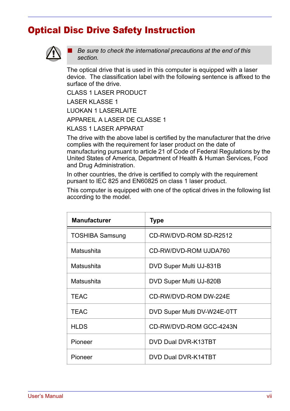 Optical disc drive safety instruction | Toshiba Satellite P30 User Manual | Page 7 / 165