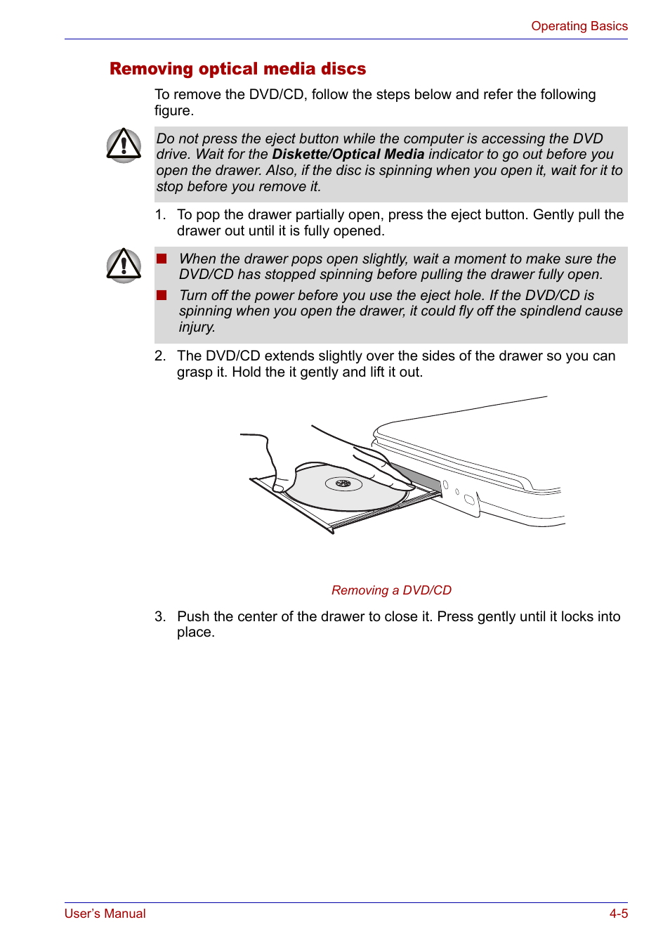 Removing optical media discs, Removing optical media discs -5 | Toshiba Satellite P30 User Manual | Page 72 / 165