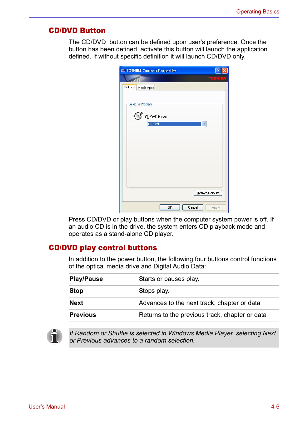 Cd/dvd button, Cd/dvd play control buttons, Cd/dvd button -6 cd/dvd play control buttons -6 | Toshiba Satellite P30 User Manual | Page 73 / 165