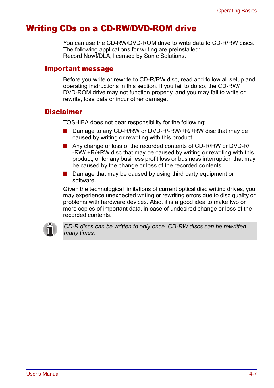 Writing cds on a cd-rw/dvd-rom drive, Important message, Disclaimer | Writing cds on a cd-rw/dvd-rom drive -7, Important message -7 disclaimer -7 | Toshiba Satellite P30 User Manual | Page 74 / 165