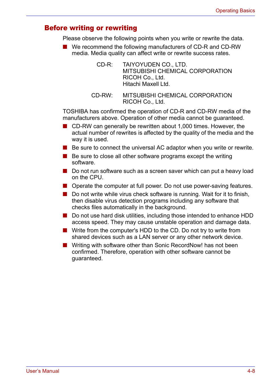 Before writing or rewriting, Before writing or rewriting -8 | Toshiba Satellite P30 User Manual | Page 75 / 165