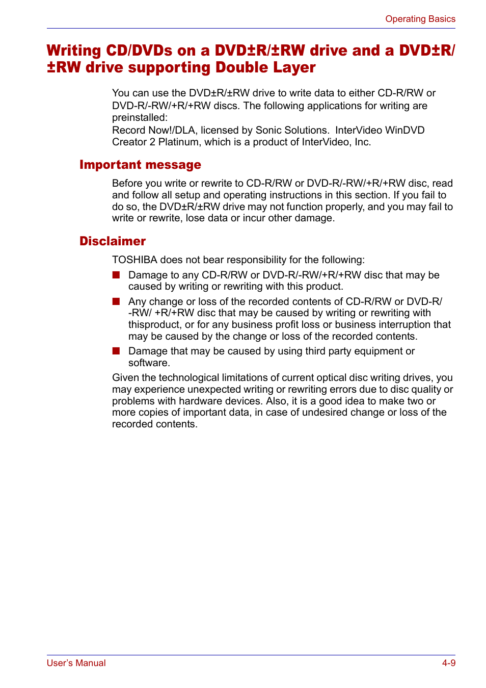 Important message, Disclaimer, Important message -9 disclaimer -9 | Toshiba Satellite P30 User Manual | Page 76 / 165