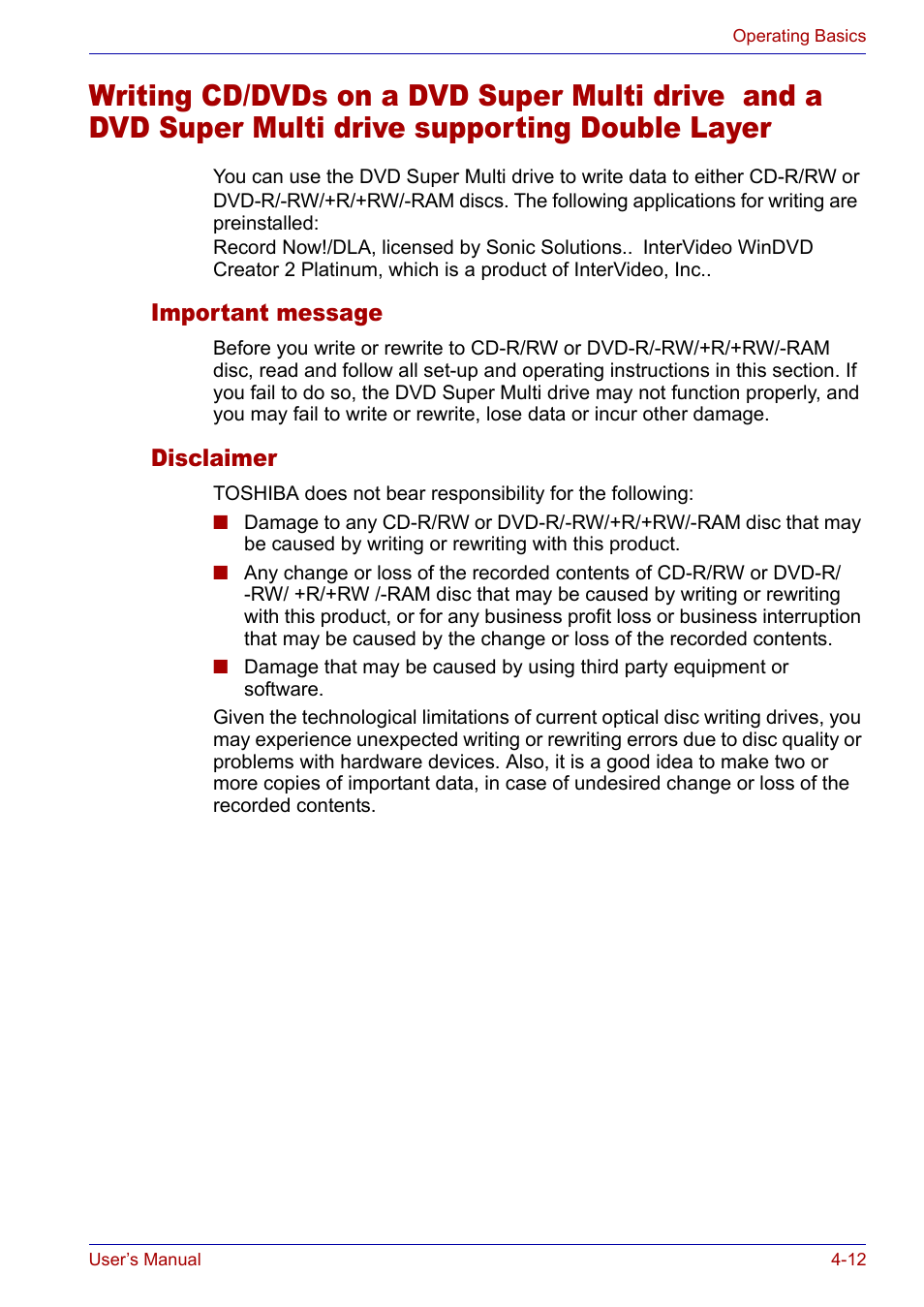Important message, Disclaimer, Important message -12 disclaimer -12 | Toshiba Satellite P30 User Manual | Page 79 / 165