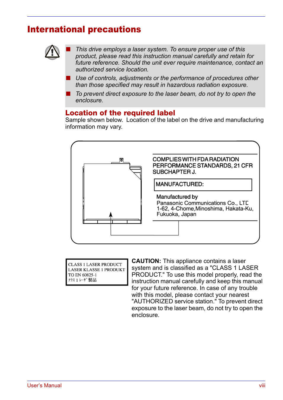 International precautions, Location of the required label | Toshiba Satellite P30 User Manual | Page 8 / 165