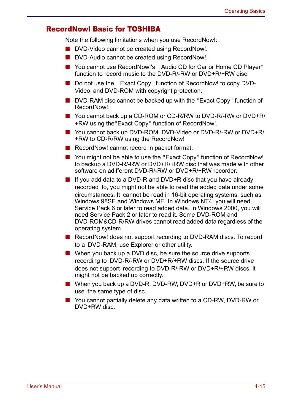 Recordnow! basic for toshiba, Recordnow! basic for toshiba -15 | Toshiba Satellite P30 User Manual | Page 82 / 165