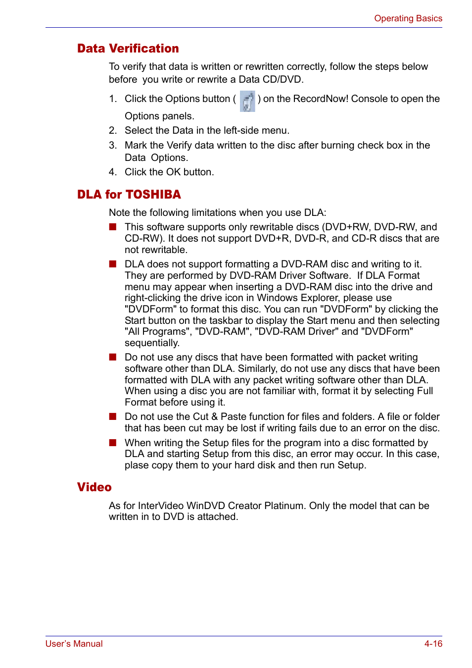 Data verification, Dla for toshiba, Video | Toshiba Satellite P30 User Manual | Page 83 / 165