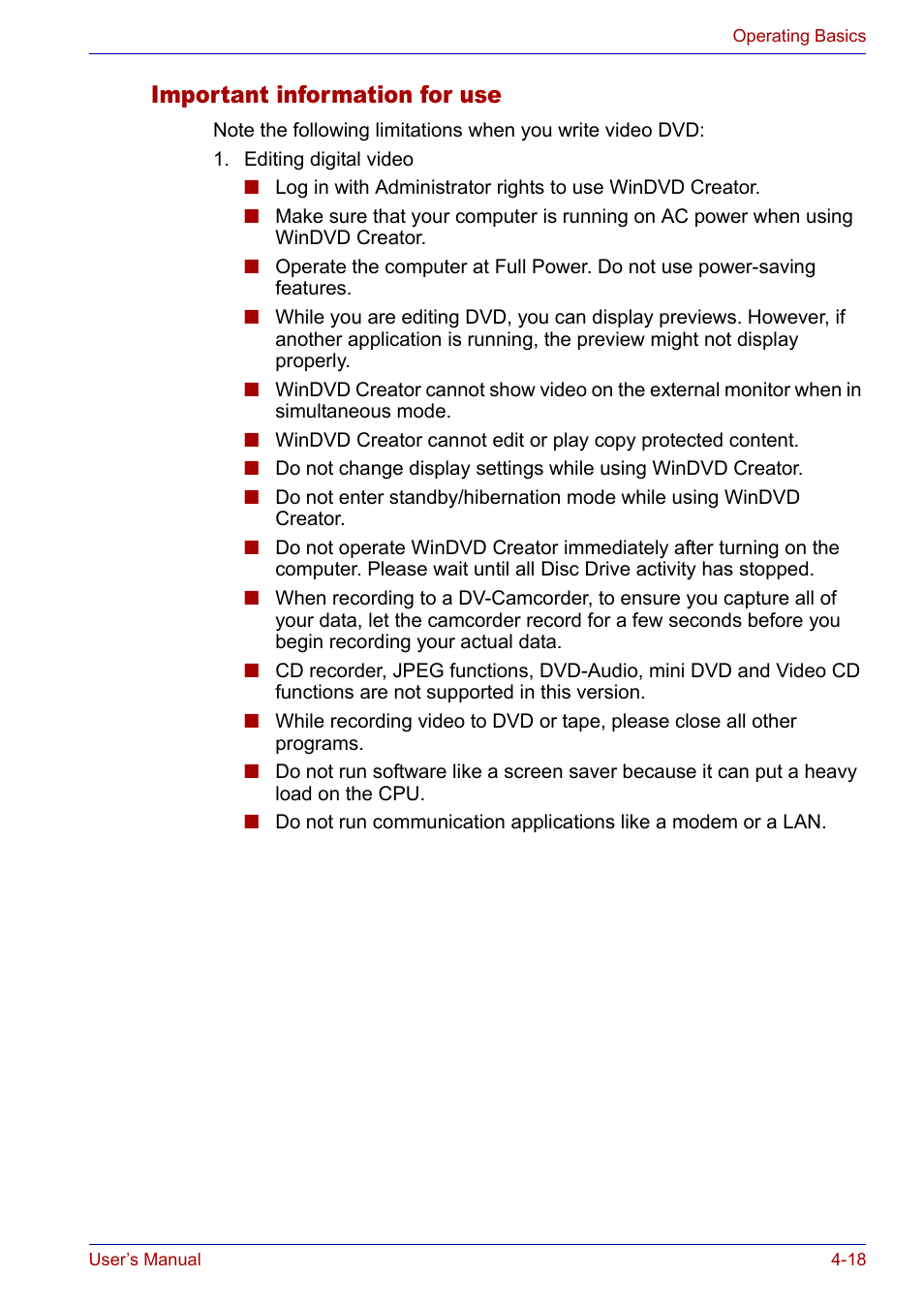 Important information for use, Important information for use -18 | Toshiba Satellite P30 User Manual | Page 85 / 165