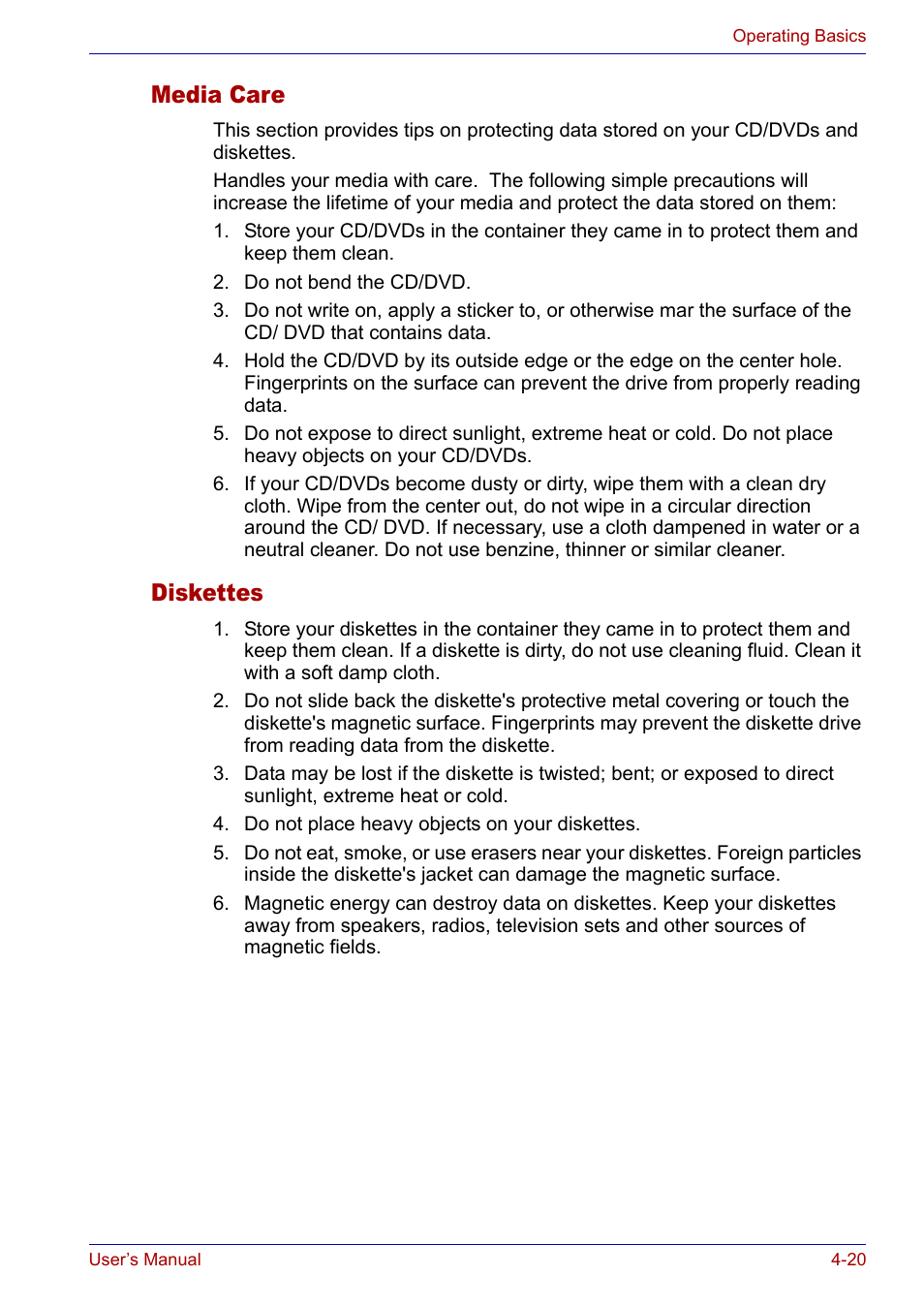 Media care, Diskettes, Media care -20 diskettes -20 | Toshiba Satellite P30 User Manual | Page 87 / 165