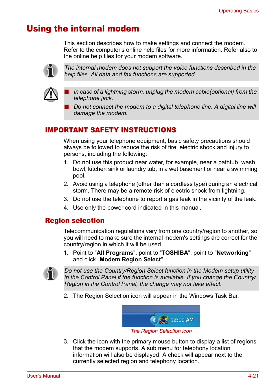 Using the internal modem, Important safety instructions, Region selection | Using the internal modem -21 | Toshiba Satellite P30 User Manual | Page 88 / 165