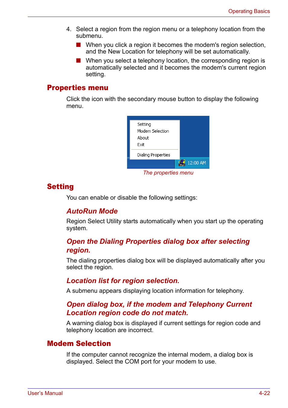 Properties menu, Setting, Modem selection | Toshiba Satellite P30 User Manual | Page 89 / 165