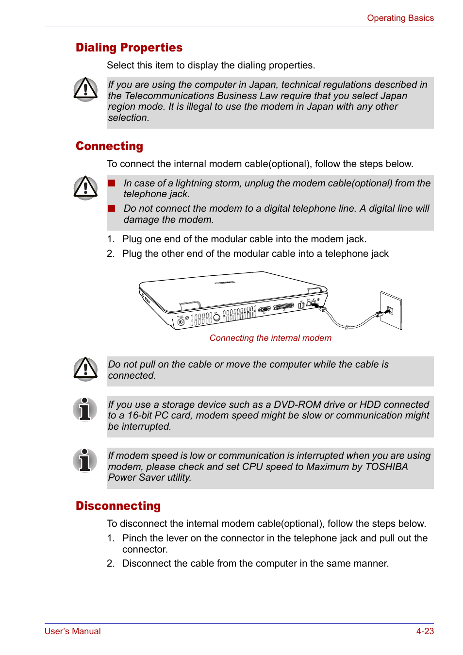 Dialing properties, Connecting, Disconnecting | Toshiba Satellite P30 User Manual | Page 90 / 165