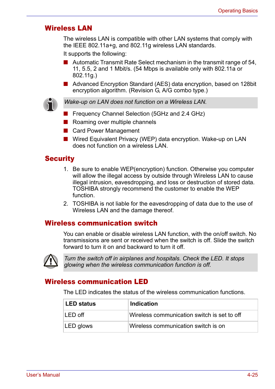 Wireless lan, Security, Wireless communication switch | Wireless communication led | Toshiba Satellite P30 User Manual | Page 92 / 165