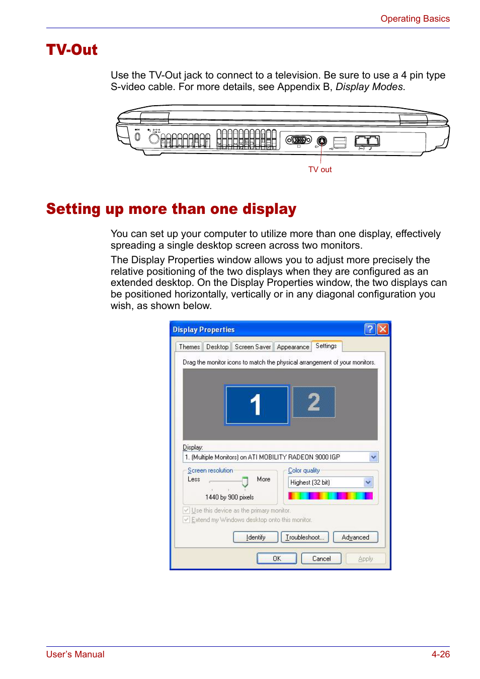 Tv-out, Setting up more than one display, Tv-out -26 setting up more than one display -26 | Toshiba Satellite P30 User Manual | Page 93 / 165