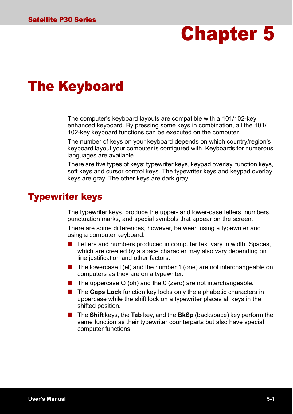 Chapter 5 the keyboard, Typewriter keys, Chapter 5 | The keyboard, Typewriter keys -1, Chapter 5, the keyboard , de | Toshiba Satellite P30 User Manual | Page 95 / 165