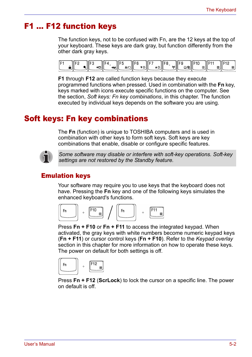 F1 ... f12 function keys, Soft keys: fn key combinations, Emulation keys | Emulation keys -2 | Toshiba Satellite P30 User Manual | Page 96 / 165