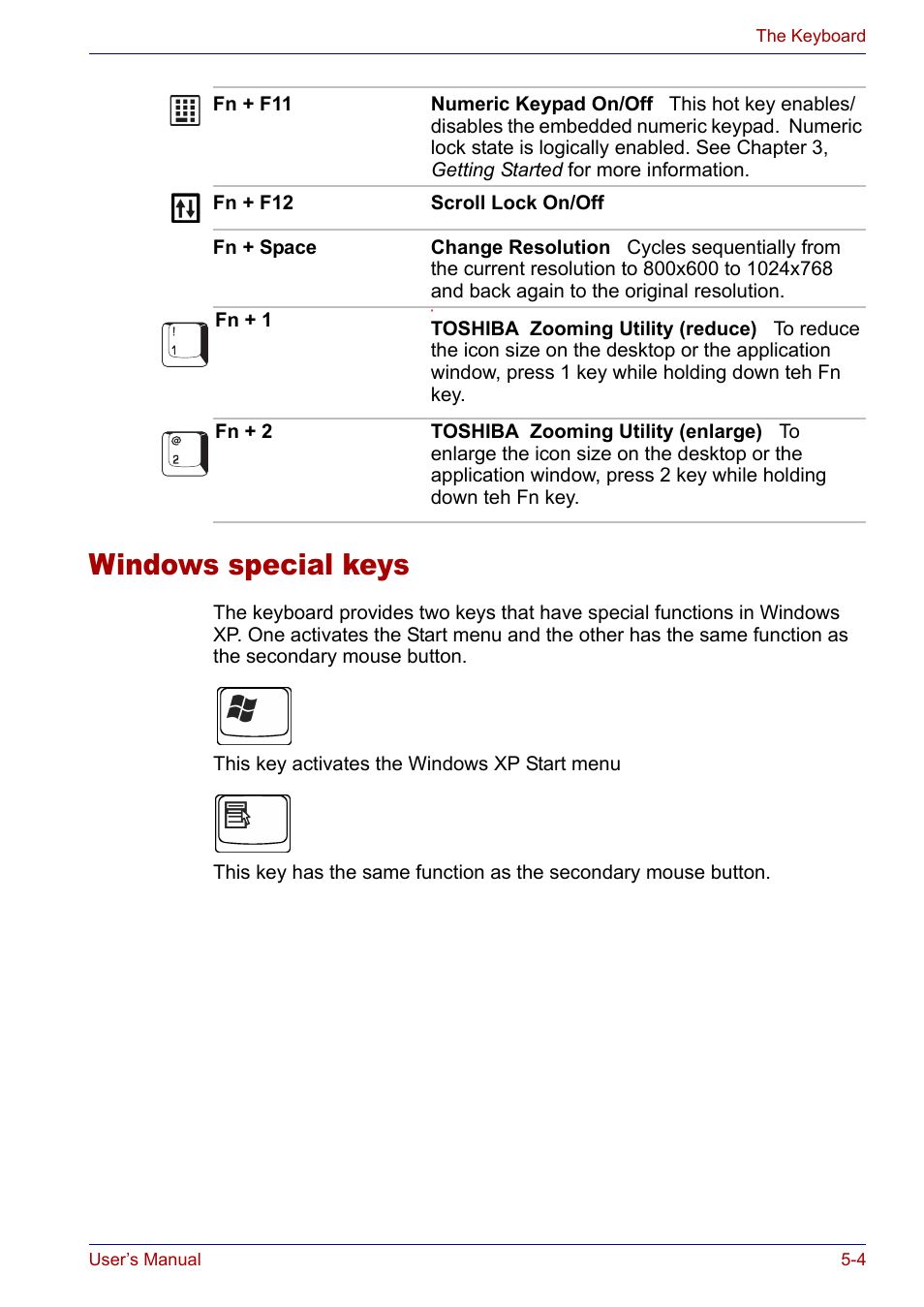 Windows special keys, Windows special keys -4 | Toshiba Satellite P30 User Manual | Page 98 / 165