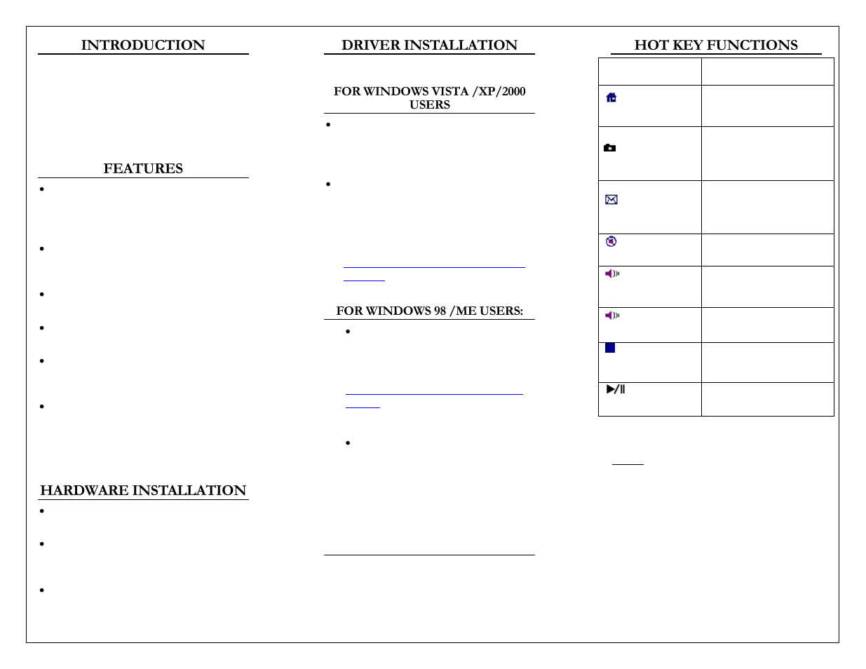 Introduction, Features, Hardware installation | Driver installation, Hot key functions | Adesso TRU-FORM PCK-308 User Manual | Page 2 / 3