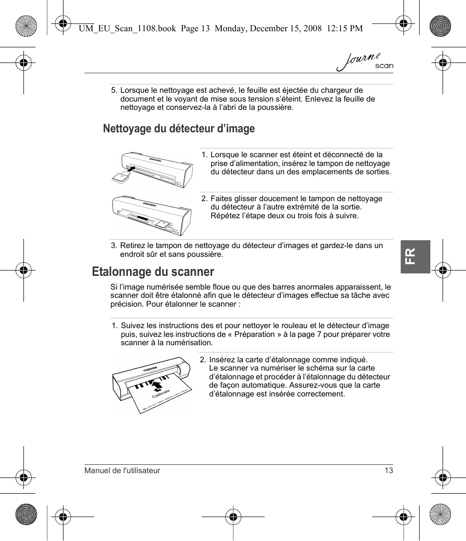 Etalonnage du scanner, Nettoyage du détecteur d’image | Toshiba JournE Scan User Manual | Page 103 / 198