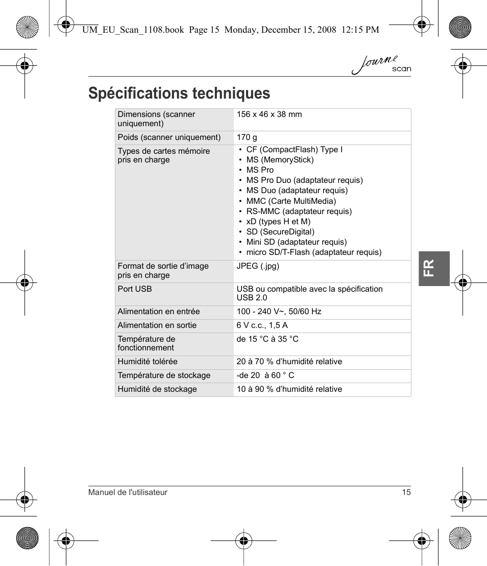 Spécifications techniques | Toshiba JournE Scan User Manual | Page 105 / 198