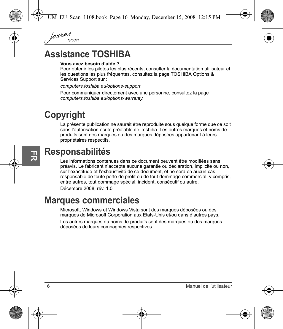 Assistance toshiba, Copyright, Responsabilités | Marques commerciales | Toshiba JournE Scan User Manual | Page 106 / 198