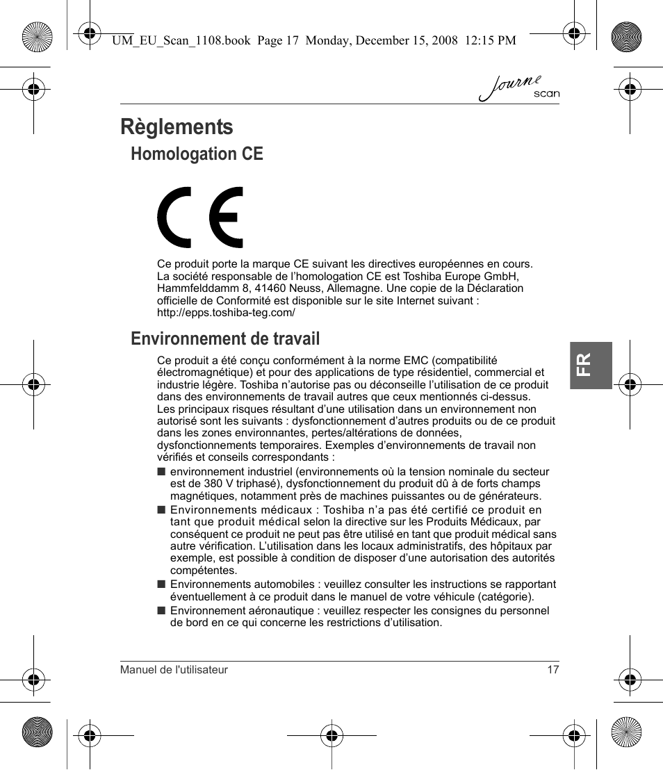 Règlements, Homologation ce environnement de travail, Homologation ce | Environnement de travail | Toshiba JournE Scan User Manual | Page 107 / 198