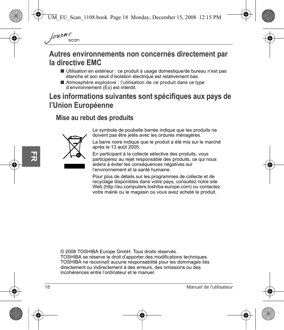 Autres environnements non concernés directement, De l’union européenne, Mise au rebut des produits | Toshiba JournE Scan User Manual | Page 108 / 198