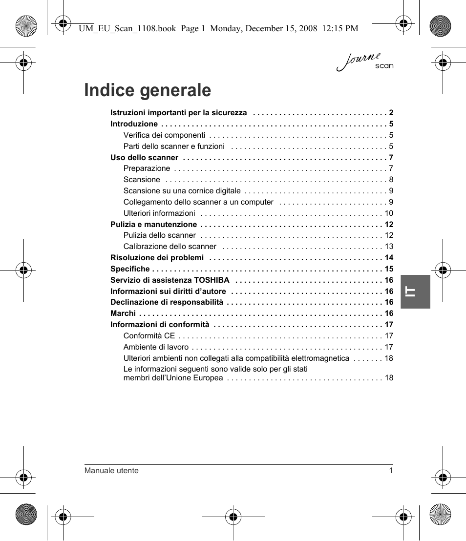 Indice generale | Toshiba JournE Scan User Manual | Page 109 / 198