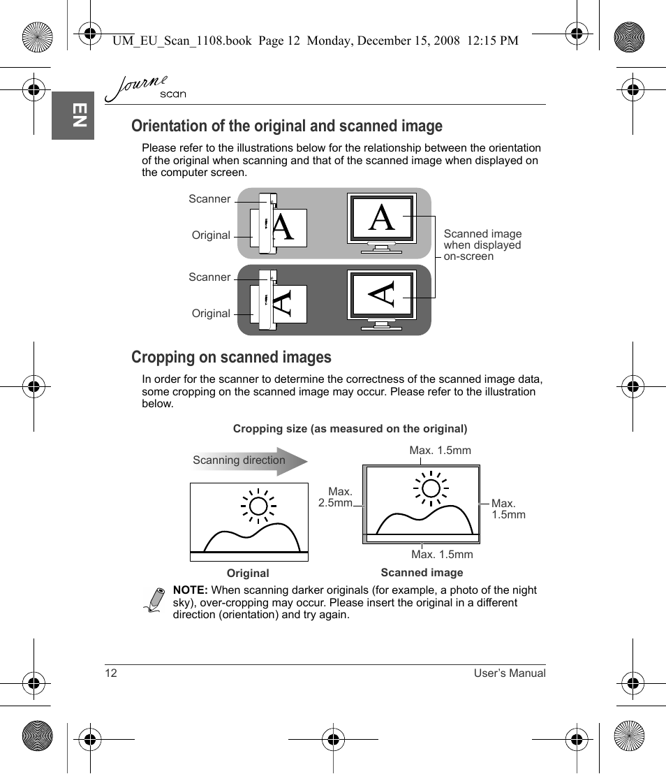 Orientation of the original and scanned image, Cropping on scanned images | Toshiba JournE Scan User Manual | Page 12 / 198