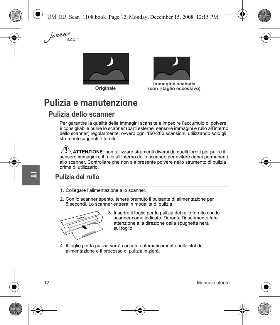 Pulizia e manutenzione, Pulizia dello scanner, Pulizia del rullo | Toshiba JournE Scan User Manual | Page 120 / 198