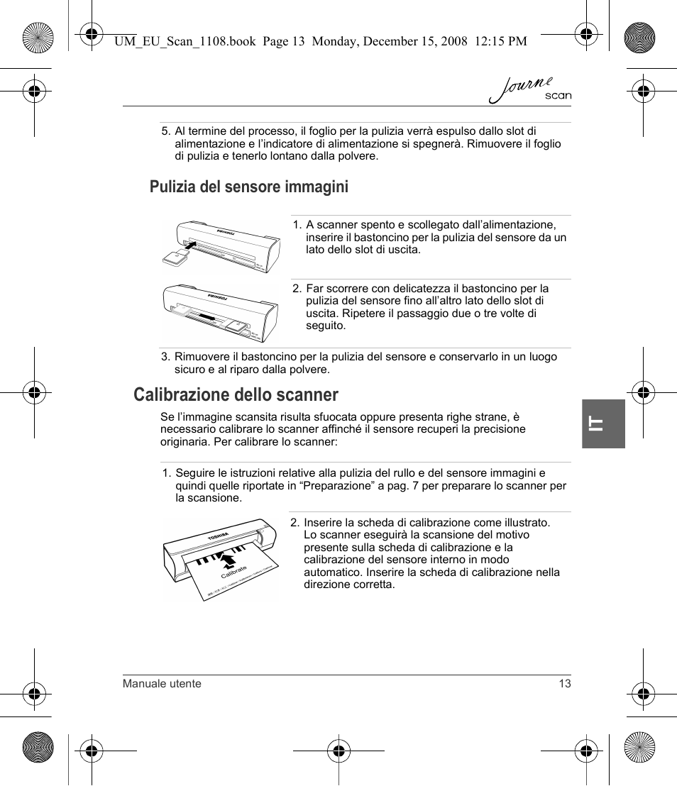 Calibrazione dello scanner, Pulizia del sensore immagini | Toshiba JournE Scan User Manual | Page 121 / 198