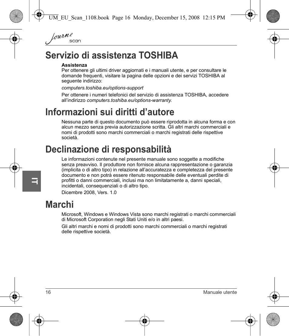 Servizio di assistenza toshiba, Informazioni sui diritti d’autore, Declinazione di responsabilità | Marchi | Toshiba JournE Scan User Manual | Page 124 / 198