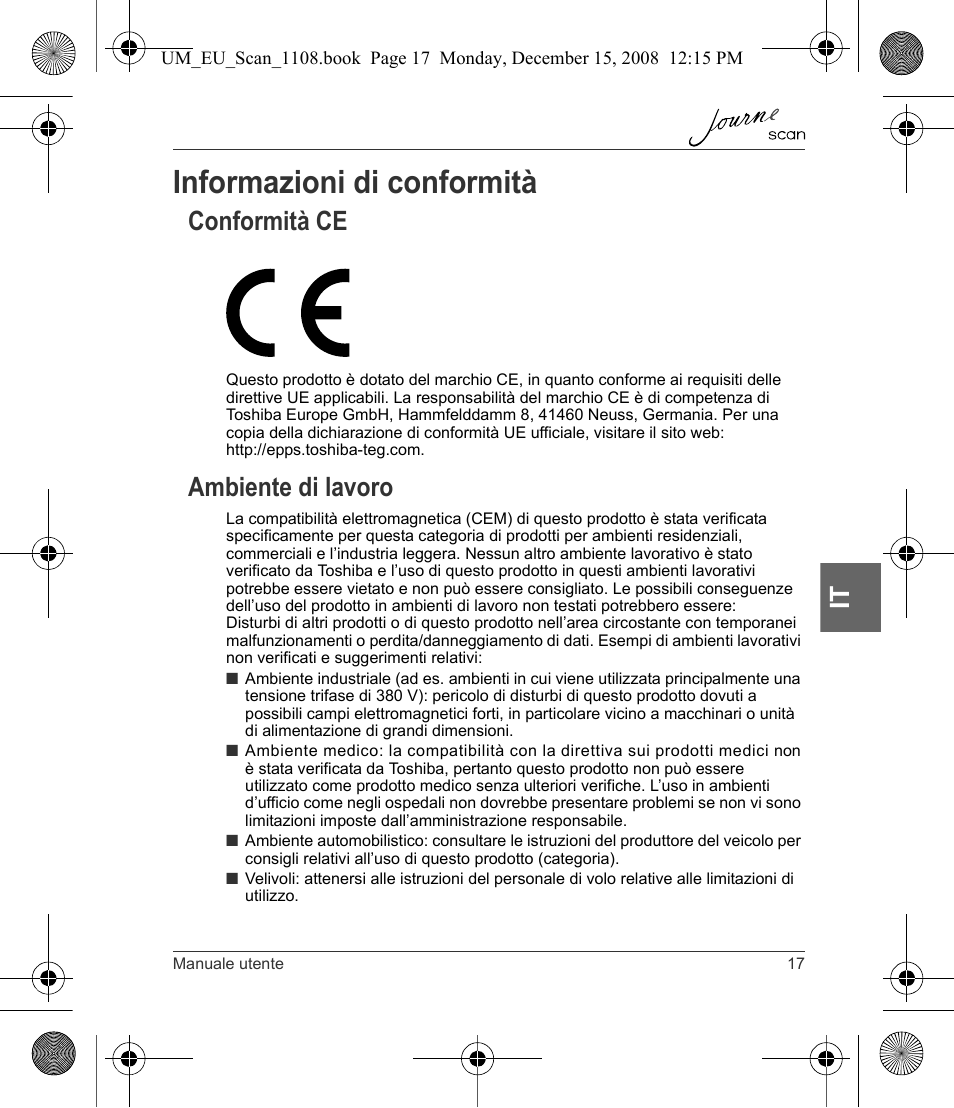 Informazioni di conformità, Conformità ce ambiente di lavoro, Conformità ce | Ambiente di lavoro | Toshiba JournE Scan User Manual | Page 125 / 198