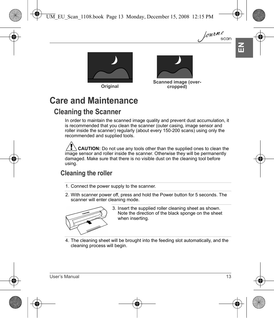 Care and maintenance, Cleaning the scanner, Cleaning the roller | Toshiba JournE Scan User Manual | Page 13 / 198