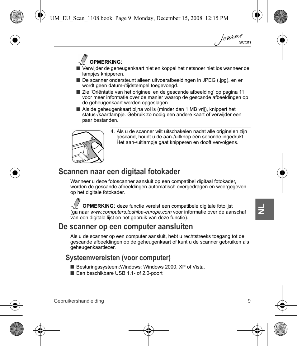Scannen naar een digitaal fotokader, De scanner op een computer aansluiten, Systeemvereisten (voor computer) | Toshiba JournE Scan User Manual | Page 135 / 198