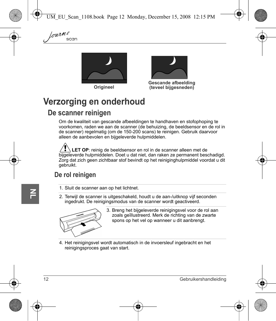 Verzorging en onderhoud, De scanner reinigen, De rol reinigen | Toshiba JournE Scan User Manual | Page 138 / 198