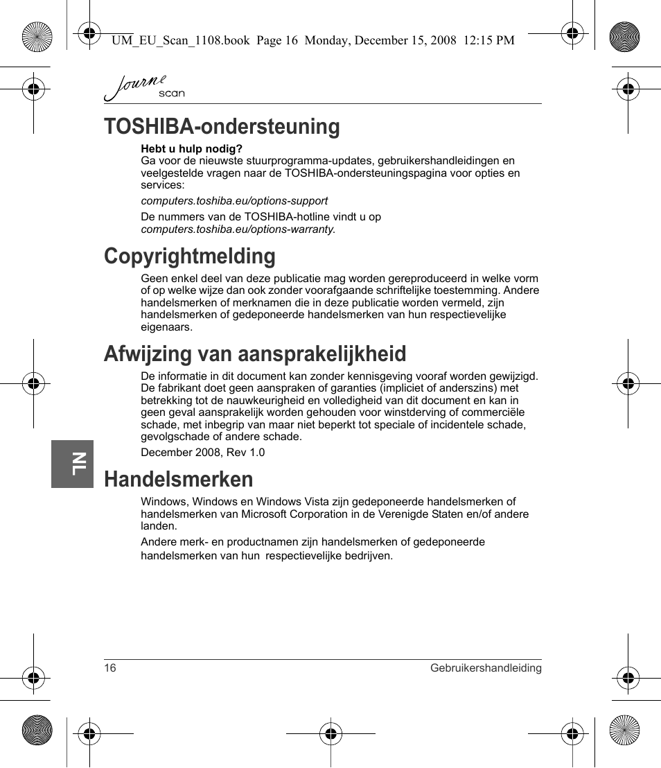 Toshiba-ondersteuning, Copyrightmelding, Afwijzing van aansprakelijkheid | Handelsmerken | Toshiba JournE Scan User Manual | Page 142 / 198