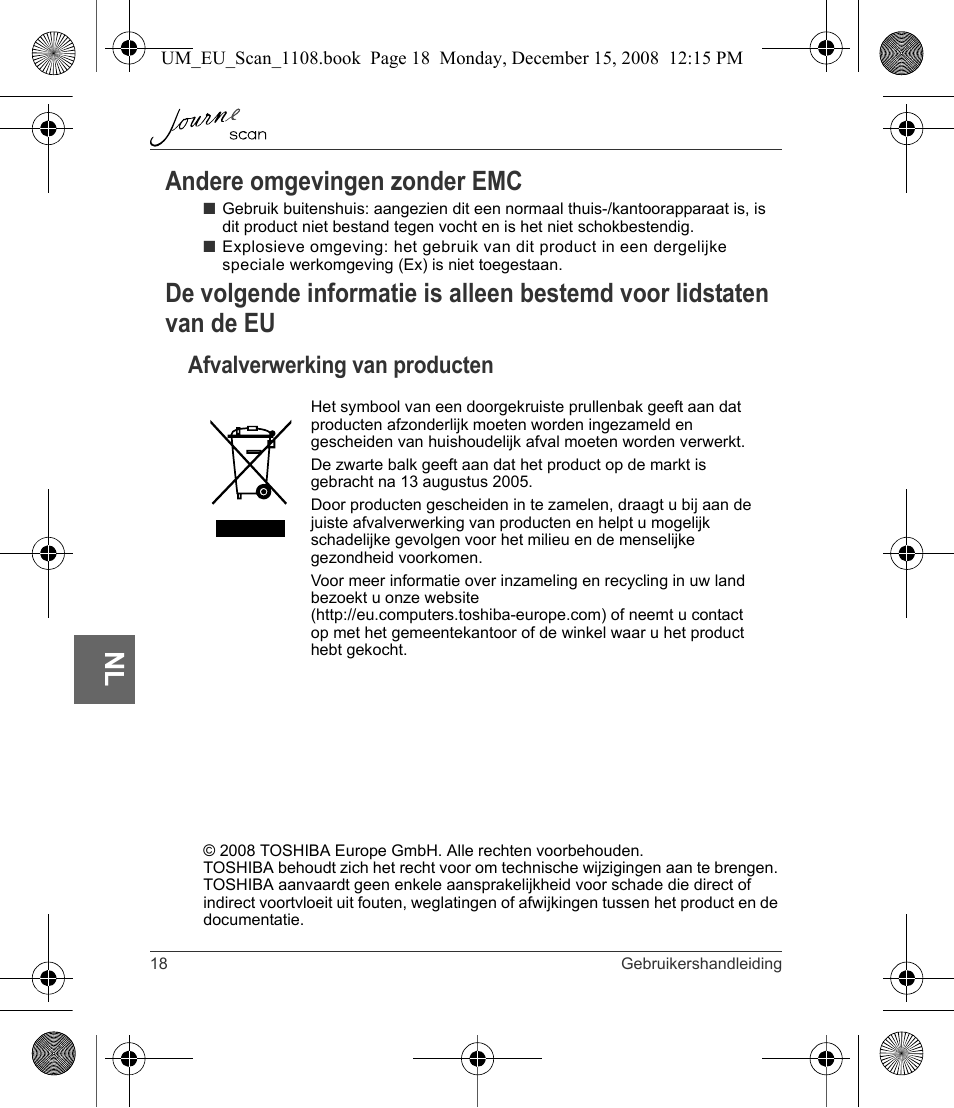 Nl andere omgevingen zonder emc, Afvalverwerking van producten | Toshiba JournE Scan User Manual | Page 144 / 198