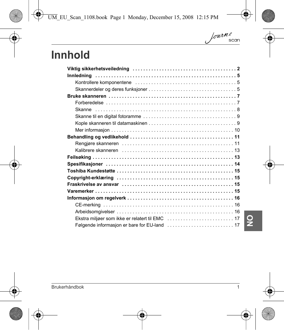 Innhold | Toshiba JournE Scan User Manual | Page 145 / 198