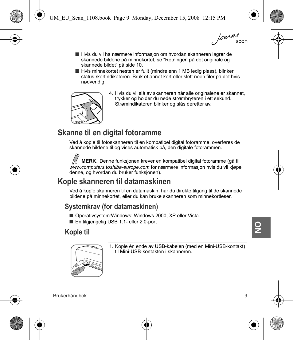 Skanne til en digital fotoramme, Kople skanneren til datamaskinen, Systemkrav (for datamaskinen) | Kople til | Toshiba JournE Scan User Manual | Page 153 / 198